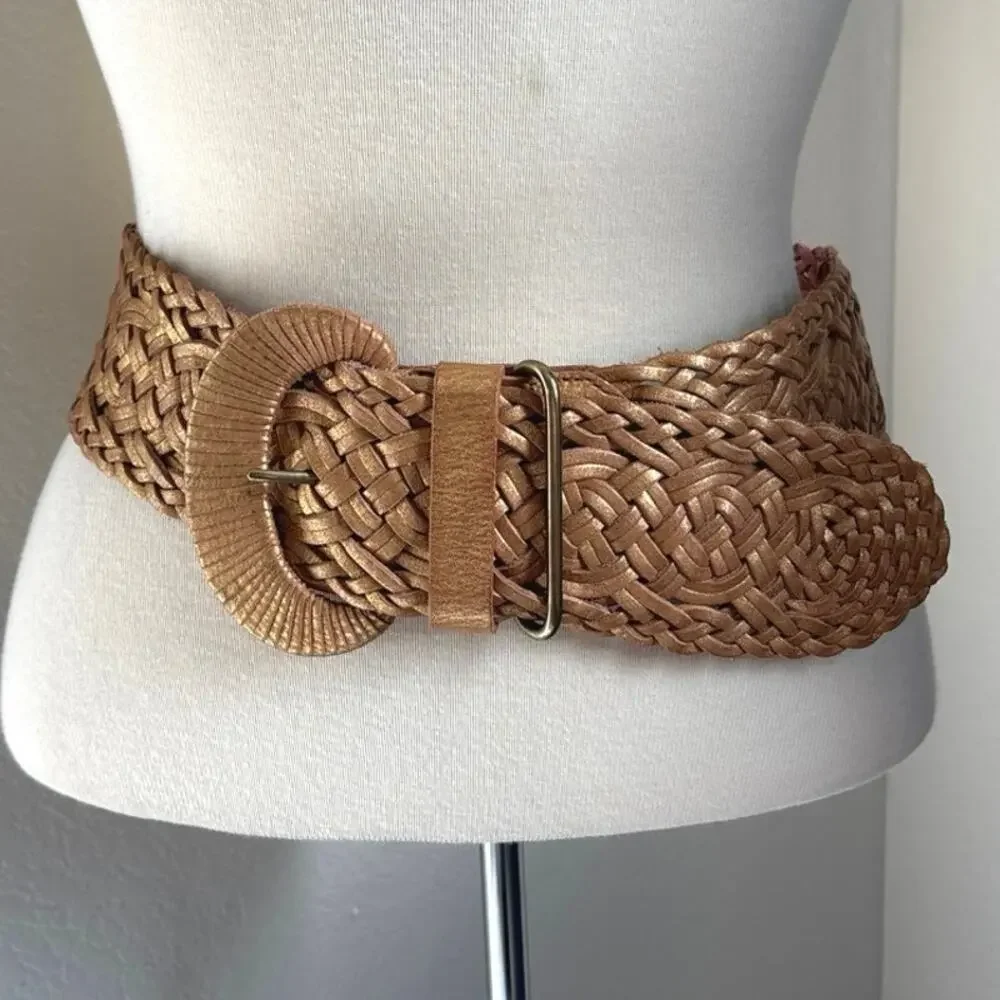 Linea Pelle Gold Metallic Woven Braided Leather Belt Size Small